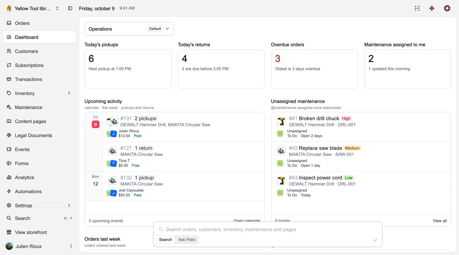 The Patio workspace dashboard